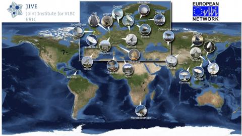 EVN Telescopes around the world. Credit: Paul Boven / JIVE &  Earthview/www.fourmilab.com.